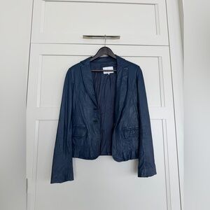 Women’s Blue Leather Blazer Jacket with Bow on the back